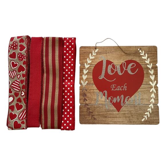 Valentine’s Wreath Kit Sign & Ribbon Set | Love Each Moment | Red Hearts & Dots - Picture 1 of 4